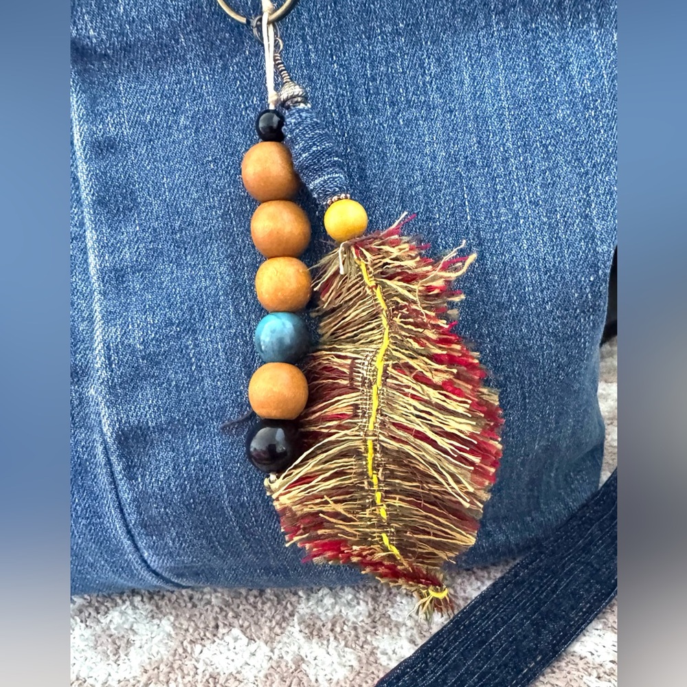 Handmade Cotton Feather & Leather Fringe Bag Charm – Boho Style